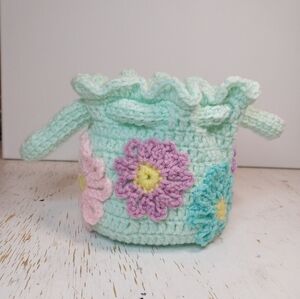 Pretty Green Bag Pouch with Colorful Flowers Great Gift Bag or Small Purse